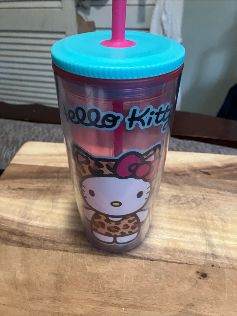 Hello Kitty Leopard Design Pink & Aqua Tumbler with Straw